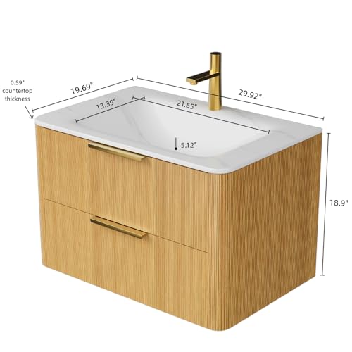 Image of 30 inch Wall-Mounted Bathroom Vanity Cabinet with Sink, Light Oak
