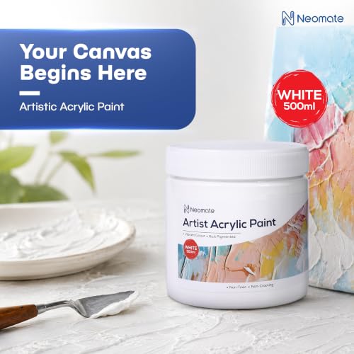 Image of Neomate Acrylic Colour White 500ml | Art & Craft, DIY, Rich Pigment, Non-Craking Paint for Canvas, Wood, Leather, Earthenware, Metal | Ideal for school projects, Hobbyists, Artists