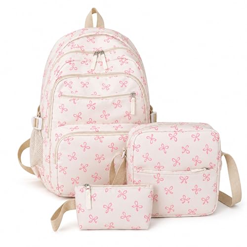 Mochila escolar rosa con lazo para niñas con bolsa de almuerzo y estuche
