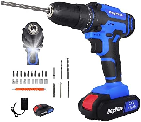 21V Cordless Combi Drill Set Electric Impact Driver Screwdriver + Battery, 3/8-Inch Keyless Chuck, 25+1 Torque Setting, 2 Speed, 26pcs Drill Bits, 1400RPM, LED Light