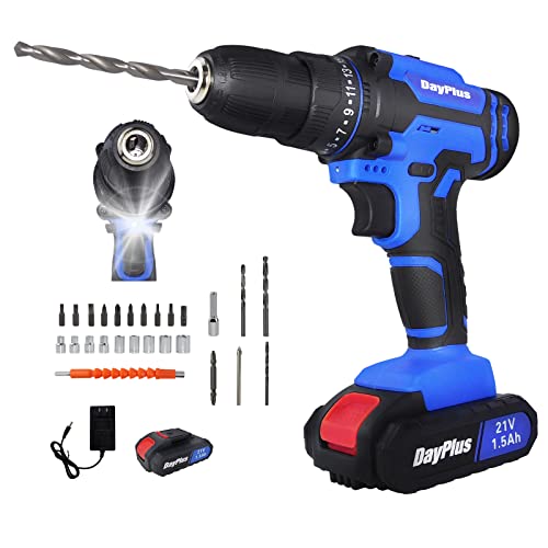 21V Cordless Combi Drill Set Electric Impact Driver Screwdriver + Battery, 3/8-Inch Keyless Chuck, 25+1 Torque Setting, 2 Speed, 26pcs Drill Bits, 1400RPM, LED Light