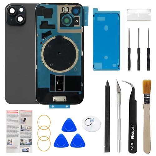 Phoupair OEM Back Glass Replacement Compatible with iPhone 15 6.1 Inches with Camera Frame and Camera Lens + Professional Repair Tool Kit and Installation Instruction (Black)