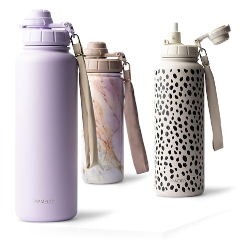 MAMEIDO Thermosflasche mit Strohhalm 700 ml, auslaufsichere Trinkflasche Edelstahl isoliert, Wasserflasche mit Trageschlaufe, Isolierflasche BPA-frei (Lavender Haze)