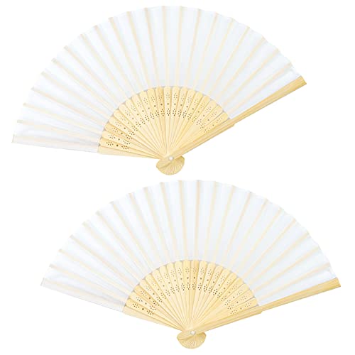BEHAHAI 2PCS Hand Held Folding Fans, Chinese Folding Handheld Fans Bamboo Fans Handheld Silk Fabric Folding Fans Hand Held Fabric Fans with Tassel for Wedding, Party, Performance, Dance, Decorations