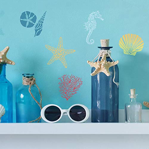 CODOHI 5 Mixed Media Sea Creatures Animals Stencils Set - Starfish, Conch, Seahorse, Coral, Shell Designs, 5.1x5.1\" Templates for Arts Card Making Journaling Scrapbooking DIY Furniture Wall Floor Deco