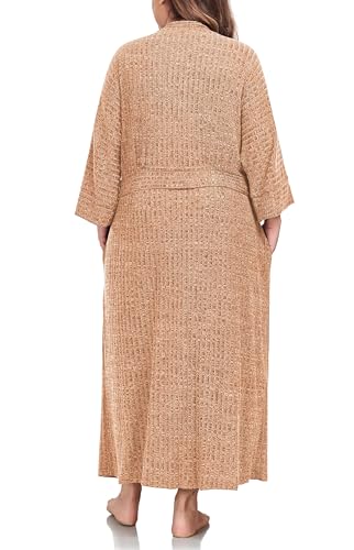 VOGMATE Bademantel Damen Große Größen XL Lang Knit Bathrobe Women Plus Size Kuscheliger Morgenmantel Hausmantel Gelb