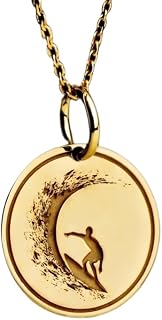 925 Sterling Silver Surfing Wave Hänge Halsband Guld |WW_NLC_00669 | pläterade 28 mm runda graverade medaljonger med havssurfare och 18-tums kabelkedja, äventyrsinspirerade smycken