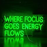 LIUOZHTEA Where Focus Goes Energy Flows Neon Sign 16.5 * 9.1In Dimmale Green Light Up Sign for Wall Decor Led Words Neon Light for Bedroom Party Bar Personzalized Gift (USB Powered)