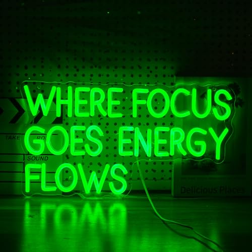 LIUOZHTEA Where Focus Goes Energy Flows Neon Sign 16.5 * 9.1In Dimmable Green Postive Quotes Light Up Sign for Wall Decor Led Words Neon Light for Bedroom Party Bar Personzalized Gift (USB Powered)