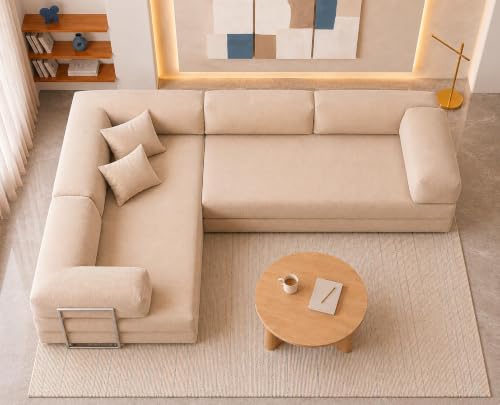 Image of Torque Vegas 5 Seater L Shape Sofa Cum Bed for Sleeping- Beige | Suede Fabric 5 Seater Sectional 3-in-1 Sofa Bed | Corner L Shaped Sofa Set for Living Room Office