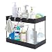 Organizador de 2 niveles para debajo del fregadero, almacenamiento multiusos para baño bajo el fregadero con 4 ganchos, negro debajo del gabinete organizador cestas estante para baño cocina