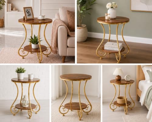 Image of Modern Double-Top Coffee Table with Rustic Farmhouse Accent, Multipurpose Living Room Bedroom, Two-Tier Small Sofa Side Bedside Table with Metal Frame Nightstand (Gold Brown)