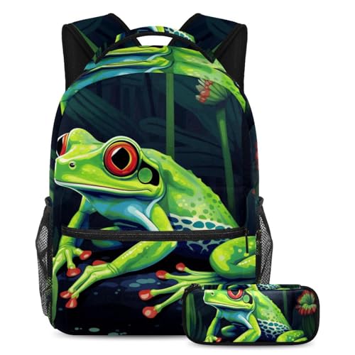 Cartable grenouille verte amusante avec trousse pour le collège et les sorties