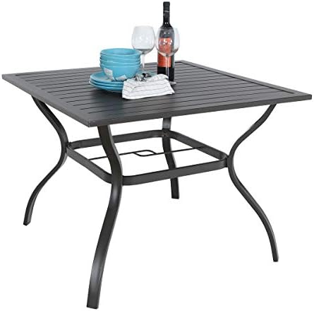 PHI VILLA 37" Patio Table for 4, Metal Outdoor Dining Table with E-Coating, Square Steel Slated Outdoor Table with 1.57" Umbrella Hole for Garden Backyard, Black