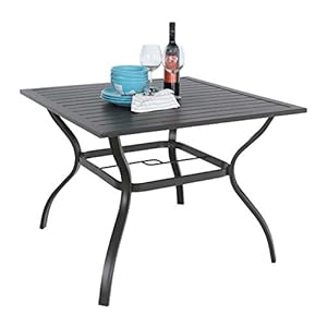 PHI VILLA 37 Patio Table for 4 Metal Outdoor Dining Table with E Coating Square Steel Slated Outdoor Table with 157 Umbrella Hole for Garden Backyard Black