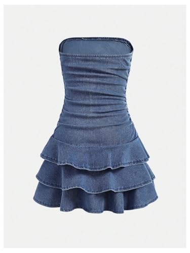 Milumia Girl's Ruched Denim Tube Dress Bow Knot Tiered Layered Short Dresses2