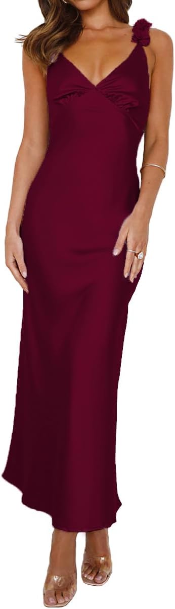 Phicia Summer Satin Spaghetti Strap V Neck Midi Dresses for Women Wedding Guest Elegant Flower Backless Cocktail Formal Dress