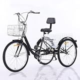 WhFKLca Dreirad für Erwachsene mit 7 Gängen, 3 Räder mit abnehmbaren Körben vorne und hinten, 24-Zoll-Cruiser-Dreirad für Freizeit, Einkaufen und Transport Black