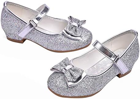 Stelle Girls Toddler Dress Shoes Flower Princess Shoes Glitter Mary Jane Low Heels for Party Wedding (Little/Big Kid)(T08-Silver, 9MT)