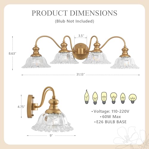 Image of 4 Lights Gold Vintage Bathroom Vanity Light Fixture Over Mirror | Floral Transparent Glass Shades,Antique Wall Sconces,Wall Mount Up or Down, E26 Socket, Hardwired