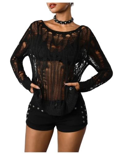 Image of RoseSeek Women's Plus Size Y2K Cut Out Long Sleeve Punk Grunge Knit Sweater