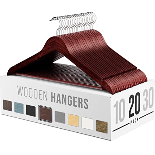 Wooden Hangers For Clothes - Heavy Duty Non-Slip Pants Bar & 360 Swivel Hook |Ganchos De Ropa | Great For Suits, Coats, Clothing [20-Pack - Cherry] #TOP20