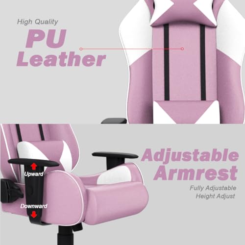 Image of ASE GAMING Gold Series Ergonomic Gaming Chair Premium PU Leather, Adjustable Neck & Lumbar Pillow, 180 Degree Recline with Black Metal Base with 3 Years Warranty (Pink)