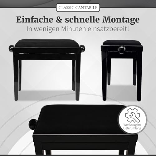 Classic Cantabile Pianobank Schwarz-Hochglanz (Höhenverstellbar von 47-56cm, Spindelmechanik, Sitzfläche 55 x 32cm, schwarzer Velourbezug, stabil)