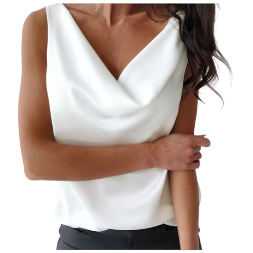 Generic Womens Silk Satin Tank Tops Cowl Neck Casual Sleeveless Camisole Blouses Summer Basic Loose Shirt Tee (White, M), Medium
