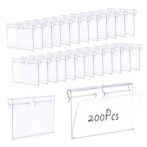 200 Pcs Reusable Plastic Wire Shelf Label Holder, Basket Bin Clip On for Pantry Retail Merchandise Shopping Mall Store Shop Supermarket and Ticket Display Holder, Clip-On Design, 2.4 x 1.7 in