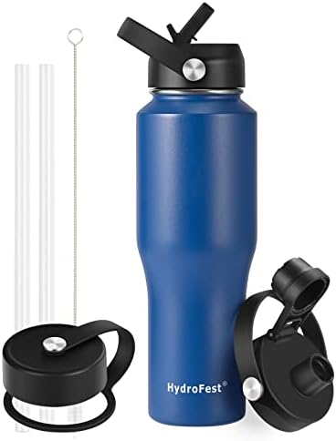 HydroFest Insulated Water Bottle with Straw Lid, Blue Stainless Steel Water Bottle, 32 oz Travel Sports Water Bottle for Biking,Vacuum Double Walled Wide Mouth Leak Proof, Thermal Cup, Blue