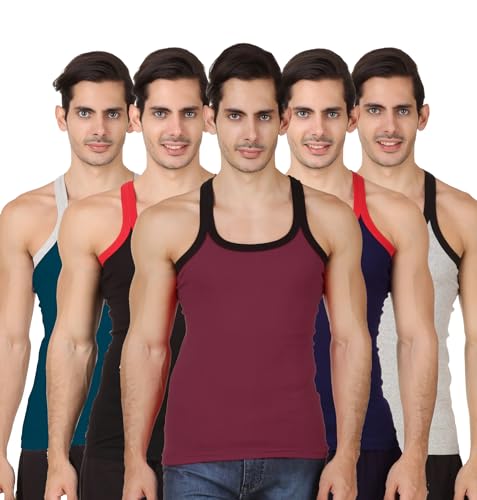HAP Men's Rib Gym Vest Multicolor Pack (Pack of 5) Interlock Fabric | Contrast Binding