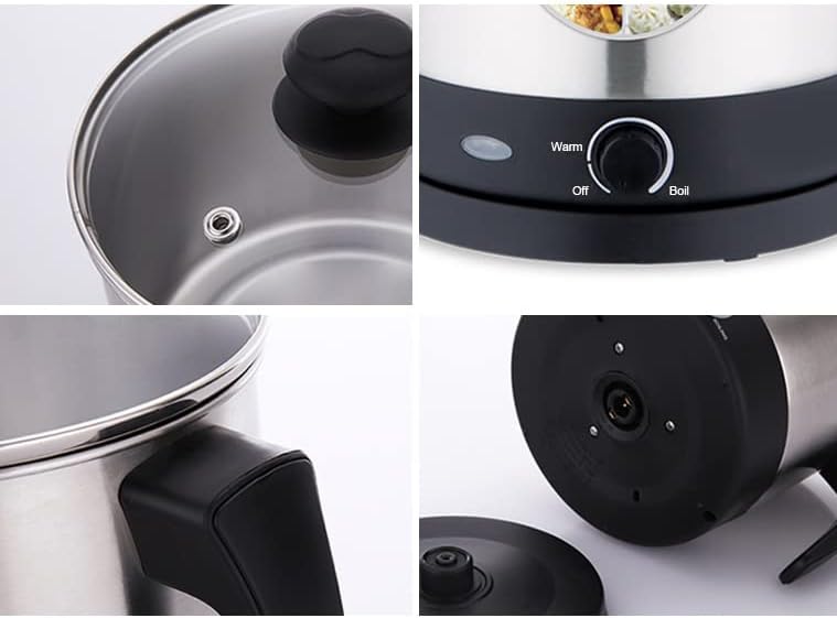 Close-up views of the pot's lid, control knob, handle, and detachable power base