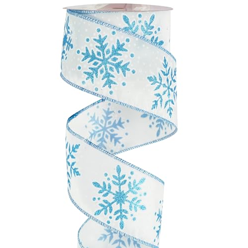 MEEDEE Blaues Schneeflockenband, weißes Band mit blauem Glitzer-Schneeflockenband, 6.3 cm, Weihnachtsband… – Ansicht 1