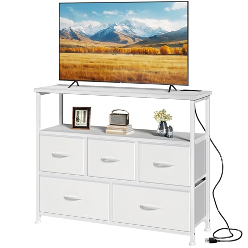 DUMOS TV Stand, Dresser with 5 Fabric Storage Drawers, Media