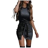 LUNULE Damen Faux Leather Kleid Schwarz Sexy Bodycon Seitenschlitz Minikleid mit Gürtel Ärmellos Rundhals Stretch Kleid Partykleid Leder Lack Optik Bleistiftkleid Freizeitkleid Sommerkleid Clubwear