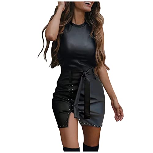 Satiable Damen Sexy Kleid Schlitz Ärmellos Rundhals Perlen Mini Kleid Mit Gürtel Blusenkleid Elegant Slim Kleid Bodycon Bleistiftkleid Club Kleid Hips Wrapped Kleid Sommer Party Kleid Cover