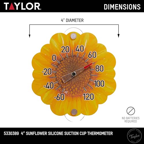 Image of Taylor Sunflower Dial Thermometer, 4-Inch Indoor Outdoor Silicone Suction Cup Thermometer, Weather-Resistant Temperature Gauge for Patio, Pool, Garden, or Garage, Yellow