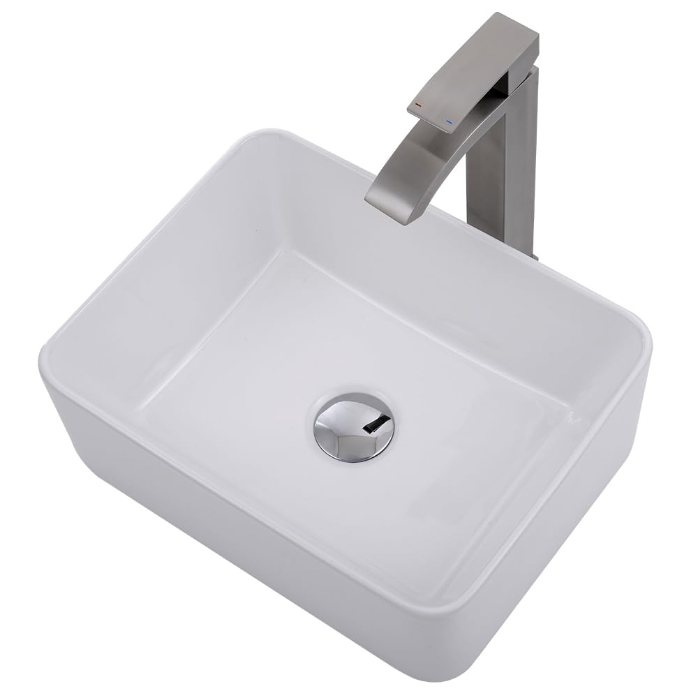 Bathroom Vessel Sink, Gabhar 16"x12" Above Counter Vessel SInk Combo, Rectangle White Ceramic Porcelain Farmhouse Bathroom Sinks With Faucet & Drain