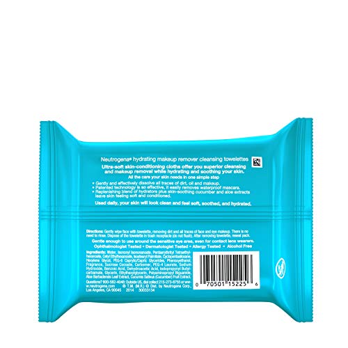 Neutrogena Hydrating Makeup Remover Face Wipes, Pre-Moistening Facial Cleansing Towelettes To Condition Skin & Remove Dirt, Oil, Makeup & Waterproof Mascara, Alcohol-Free, Value Pack 25 Ct #TOP7