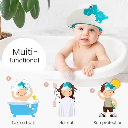 Image of FUNUPUP Baby Shower Cap for Kids, Baby Bath Shampoo Visor Cap Hair Washing Shield Adjustable, Blue Dinosaur