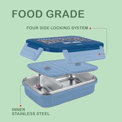Image of MILTON Meal Safe 2 Inner Stainless Steel Tiffin Box for School with Steam Release Plug | PU Insulated, Leak-Proof, Food Grade I Lunch Box for Kids Boys, Girls with Snap Lock Lid, 465 ml, Light Blue