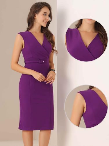 Image of Allegra K Business Dress for Women's Pencil Sheath Work Dress | V Neck Knee-Length Sleeveless Dress With Belted