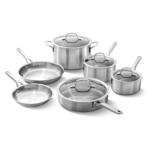 Calphalon Brushed 3-Ply Stainless Steel Cookware Set w/Turbo Heat Tech 10 Piece Includes Frying Pans, Pots and Pans Set, Induction, Oven Safe 450F, Brushed Stainless Silver by Calphalon - Used condition - US$232.06