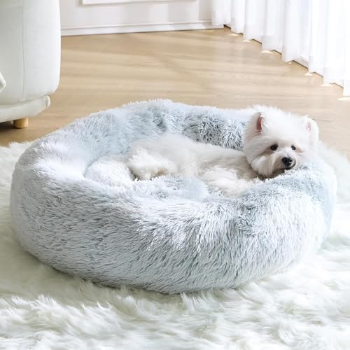 Image of ZEXSAZONE Plush Donut Dog Bed for Dogs & Cats | Soft Calming Anti-Anxiety Pet Bed | Warm Cozy Winter Dog Bed for Puppies | Washable Round Bed (Grey Small)