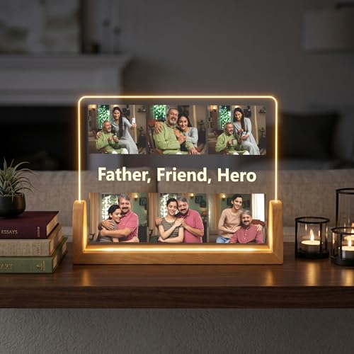 Image of Giftplease Customized Acrylic Photo Frame with LED Light & Wooden Base | Personalized 6-Photo Collage Lamp for Father | Father's Day, Birthday Gift for Papa, Dad, Husband | Warm Glow