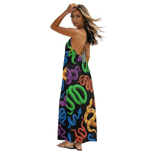 Robe d'été noire pour femme imprimée robe longue dos nu fluide