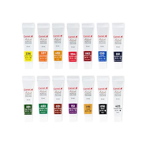 Image of Camel Acrylic Color Box - 9ml Tubes, 14 Shades, Including Gold & Deep Magenta Colour
