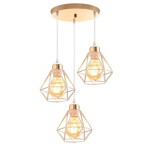 TOKIUS Lámparas de Techo Diseño de Jaula de Hierro Dorado Ø 16cm Vintage Lámpara Colgante Iluminación de Techo de Interior para Salón Dormitorio Pasillo Cocina (Colgante 3 Luces A, Oro)