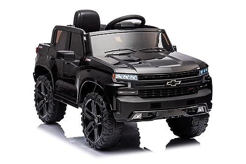 YKUNIR Kids Ride on Electric Vehicles Truck Car 12V Battery 4 Power Wheel Toy Cars for Age 1-3-5-8 Baby Toddler to Drive with Remote Control Chevrolet Silverado Pickup Kid Car for Boys Girls (Black)